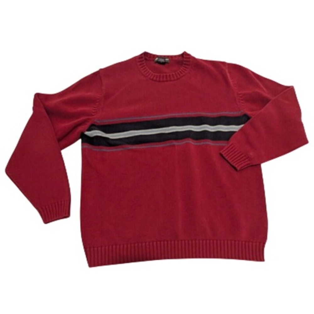 Eddie Bauer Sweater Mens Large Burgundy Red Striped Cotton Excellent Crew Neck
